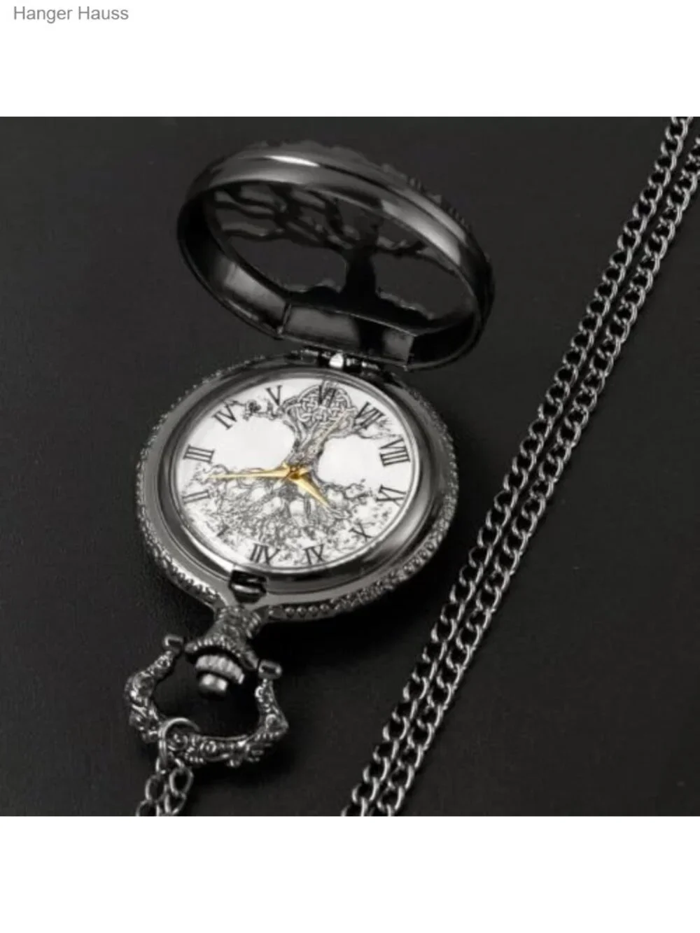 Vintage Tree of Life Pocket Watch with Chain, Quartz, Alloy Metal